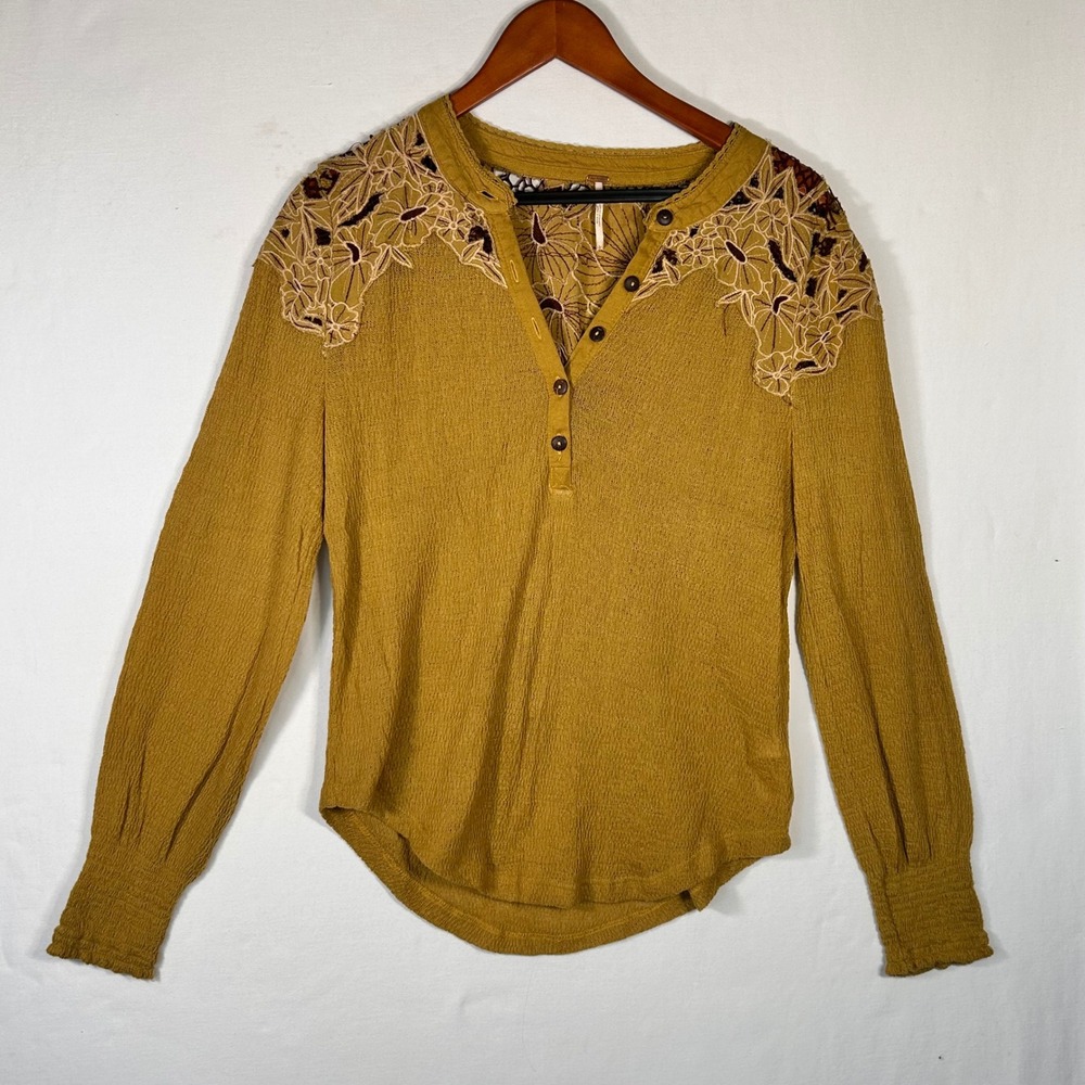 Free People Mustard Yellow Embroidered Lace Henley Top Long Sleeve Boho Large